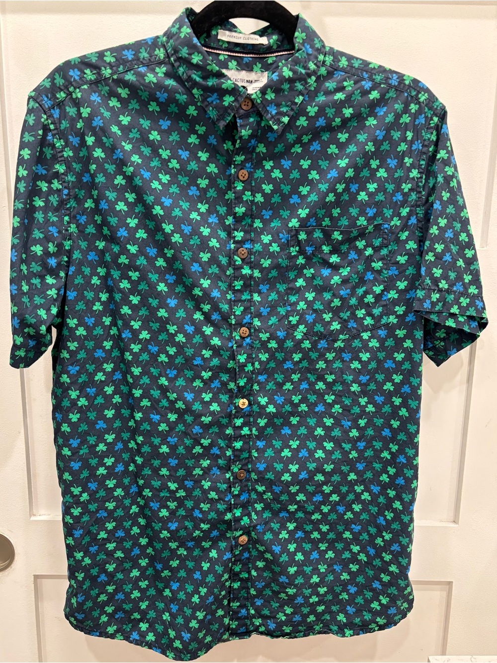 Cactus Navy Short-Sleeve Button-Down with Green Clover Print